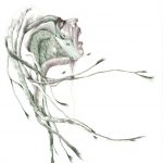Corps étranger – Suture, 2015, encre, stylo, graphite, aquarelle et couture sur papiers superposés, caisson lumineux, 23’’ x 17,5’’