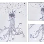 Sans titre (Corps étranger) 2014, encre, graphite, pastel sec, tarlatane, cheveux, couture sur papier