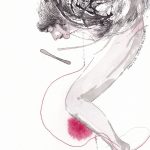 Le poid du silence, 2016, encre, aquarelle, feutre, couture sur papier, 22,5 x 11,5cm